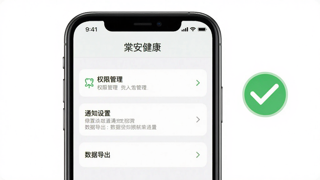 一张展示“棠安健康”设置页面的图片,画面主体是手机屏幕,屏幕上显示权限管理、通知设置、数据导出等选项列表,旁边有一个绿色的对勾图标,背景是白色,风格简约,画质干净,无多余元素