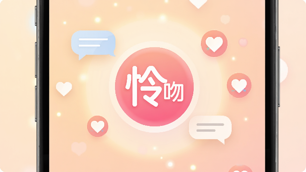 一张展示怜吻软件核心界面的手机屏幕截图,画面中央是怜吻的粉色渐变圆形Logo,周围环绕着代表社交互动的对话气泡和心跳图标,背景是柔和的暖色调光晕,整体布局简洁明了,风格现代温馨,画质清晰干净,无多余元素。