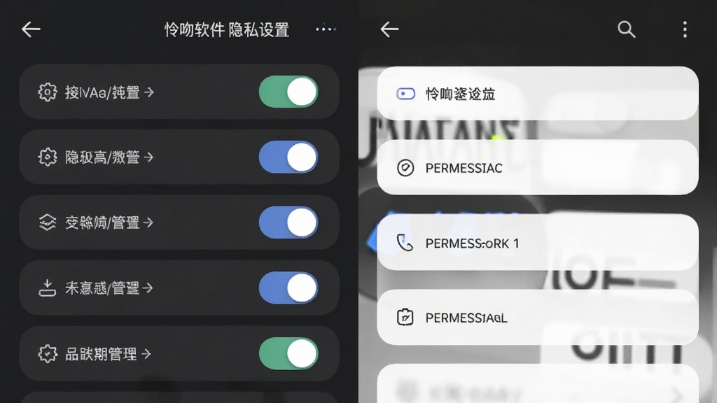 一张怜吻软件隐私设置页面的手机截图,画面显示着多个隐私开关按钮和权限管理选项,界面以深灰色背景为主,文字标签清晰,按钮圆润,布局整齐,风格简约科技感,画质干净,无多余元素。