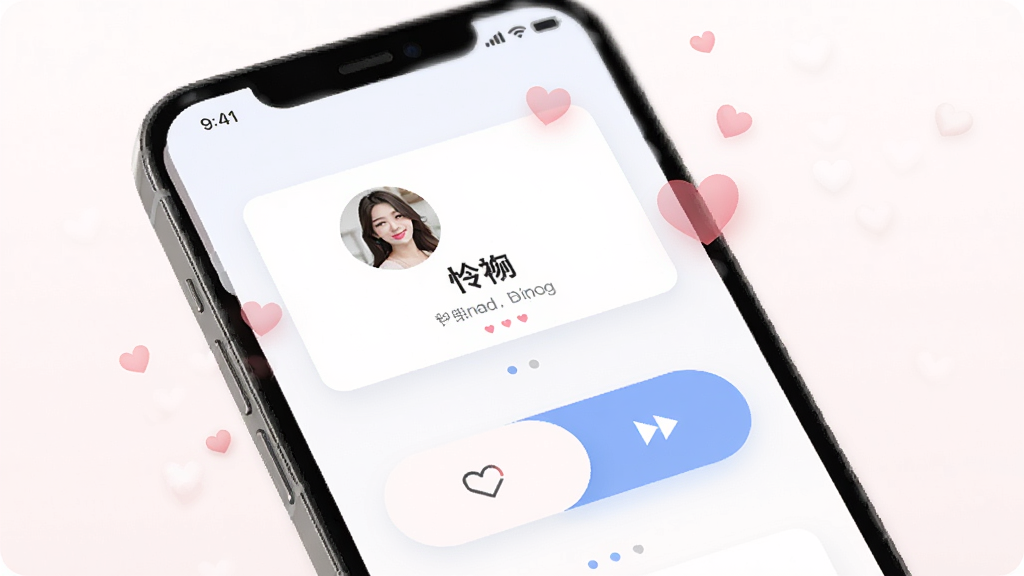 一张怜吻软件内的智能匹配界面展示图,画面主体是一个手机屏幕,屏幕内显示着用户个人资料卡片和滑动选择按钮,卡片周围有淡淡的爱心飘动特效,布局采用左滑右滑的经典交互排版,风格清新浪漫,细节精致,画质干净,无多余元素。