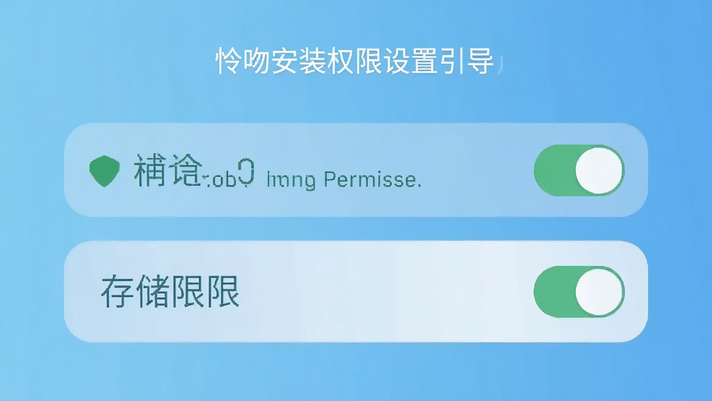 一张展示怜吻软件安装权限设置引导页的手机截图,画面中突出显示着通知权限和存储权限的开关按钮,背景是浅蓝色的渐变,布局清晰,风格简洁明快,画质干净,无多余元素。