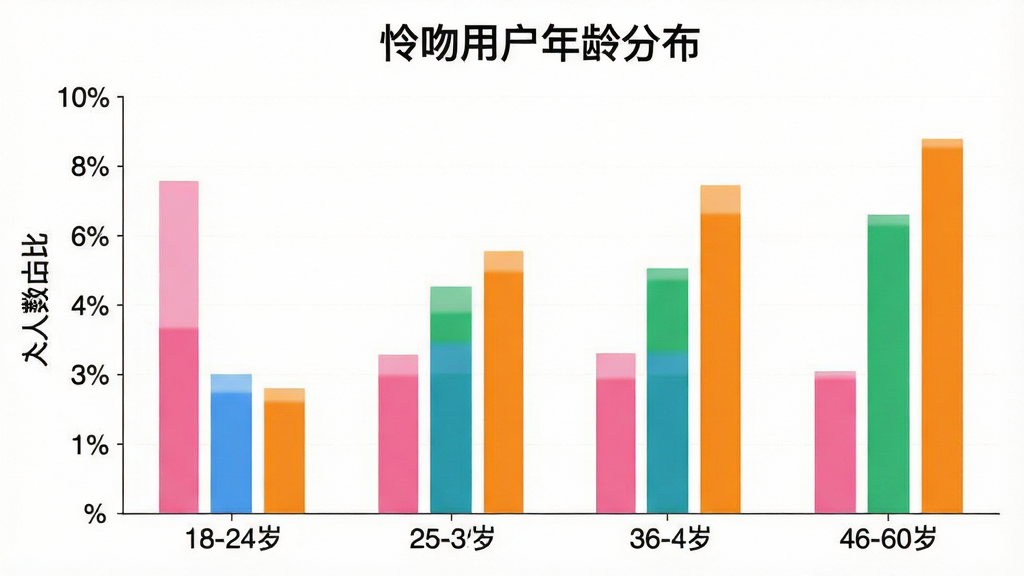 一张展示怜吻用户年龄分布的柱状图,横轴标注着18-24岁、25-35岁、36-45岁、46-60岁四个年龄段,纵轴显示人数占比,柱状颜色分别为粉色、蓝色、绿色、橙色,背景是白色,图表标题为“怜吻用户年龄分布”,风格简洁数据可视化,画质干净,无多余元素。