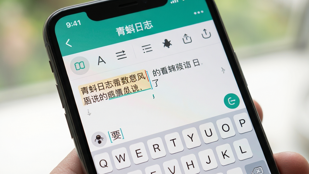 一张手机屏幕特写图,画面中“青蝌日志”应用正在输入文字,虚拟键盘弹出,键盘上方有一排格式化工具图标,文字输入区域显示着一段温馨的日记内容,界面配色清新,背景虚化,风格真实自然,画质清晰干净