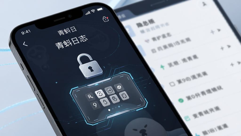 一张展示手机应用隐私保护功能的示意图,画面中“青蝌日志”应用处于锁定状态,屏幕中央有一个精致的密码输入框,背景是模糊的日记列表,画面色调偏冷,突出安全感,风格科技简约,细节锐利,画质干净无多余元素