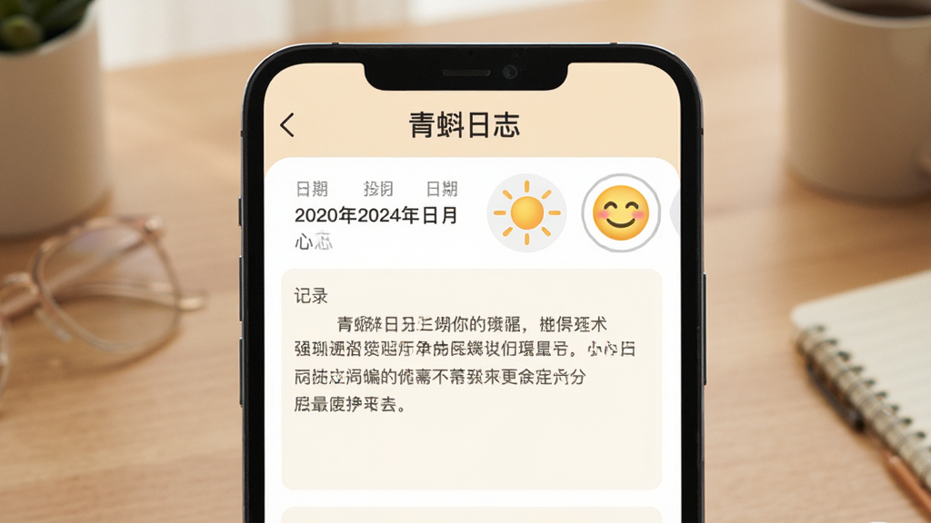 一张应用内部功能展示图,画面中“青蝌日志”的编辑界面显示着日期、天气图标(太阳)和心情表情(笑脸),下方有文字记录区域,界面色彩柔和温暖,背景是简单的桌面,风格生活化,细节清晰,画质干净