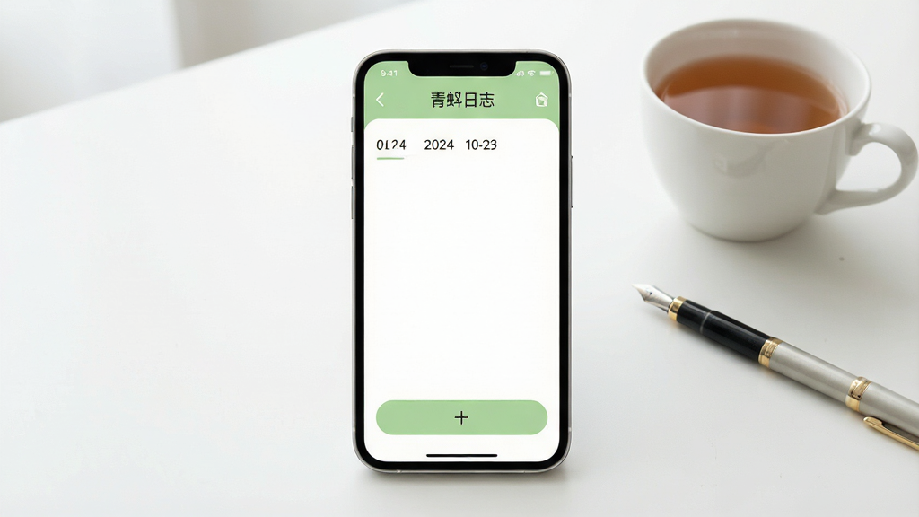 一张简洁清新的手机应用界面展示图,画面中央是一部现代智能手机,屏幕上显示着名为“青蝌日志”的日记本应用主界面,界面以浅绿色和白色为主色调,顶部有日期显示,中间是空白的书写区域,底部有添加按钮,背景是干净的书桌,上面放着一杯茶和一支笔,光线柔和自然,风格简约治愈,细节清晰,画质干净无多余元素