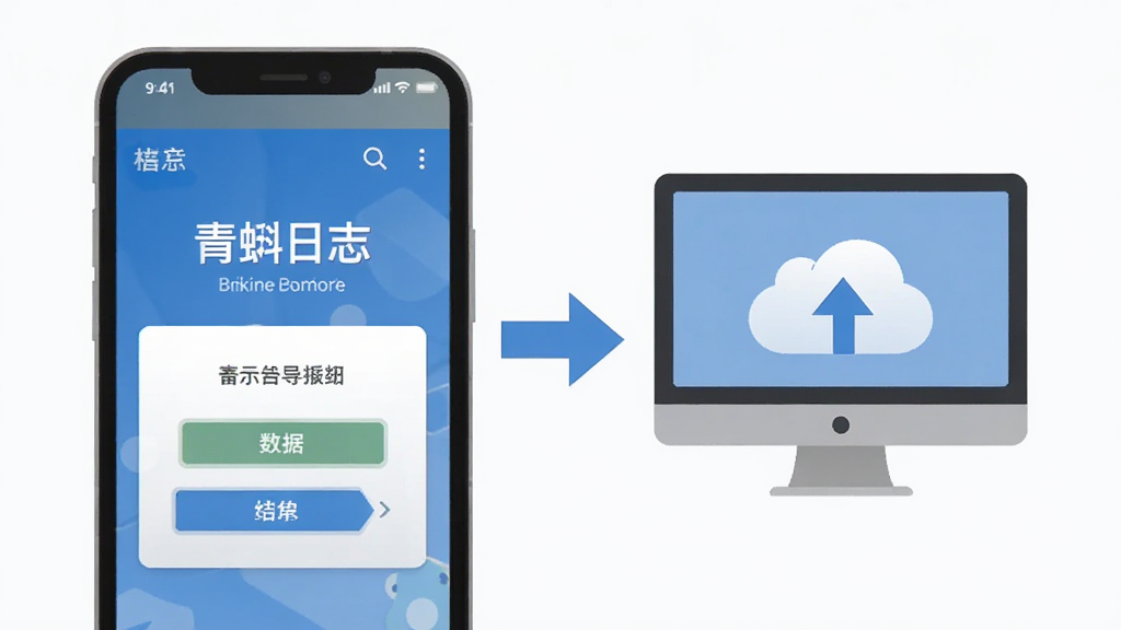 一张提示用户备份数据的示意图,画面中一部手机屏幕显示“青蝌日志”的数据导出界面,旁边有一个箭头指向电脑或云盘图标,画面风格扁平化,配色以蓝色和灰色为主,突出备份概念,细节清晰,画质干净无多余元素