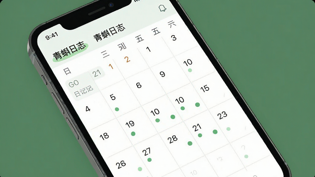 一张手机日历视图的界面截图,画面中“青蝌日志”的日历页面显示着月份,部分日期下方有小绿点标记,表示当天有日记记录,界面排版整齐,配色清新,背景干净,风格扁平化,画质清晰无多余元素