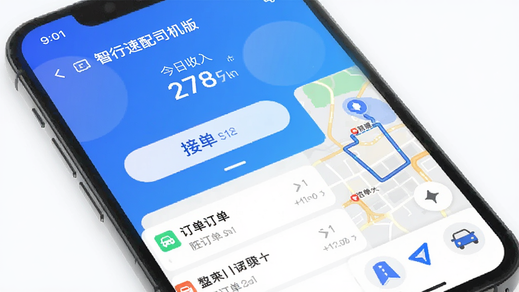 �ֻ���Ļչʾ����������˾���桱APP�����棬��ɫ���䱳�����м�����Ŀ�Ľӵ���ť�͵�ͼ·�߹滮���Ϸ���ʾ�����������֣��·����ж����б��͵���ͼ�꣬����ִ���ƽ�������������ɾ����޶���Ԫ��