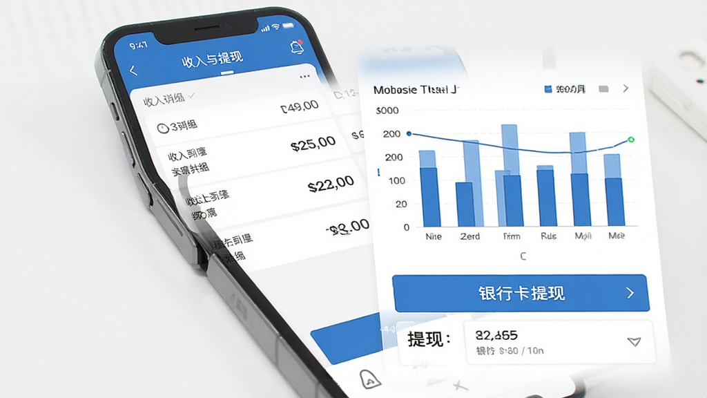如一出行司机端收入统计与提现界面展示,手机屏幕显示收入明细列表和柱状图统计,下方有提现按钮和银行卡信息,界面设计简洁明了,蓝色和白色为主色调,数字清晰可见,画质干净无多余元素
