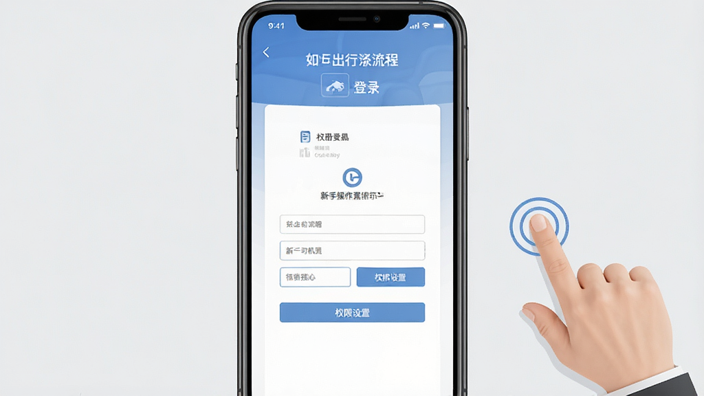 如一出行司机端新手操作指南示意图,画面中手机屏幕显示注册登录流程和权限设置界面,旁边有手指点击操作的示意,背景是简洁的浅灰色,风格清晰易懂,画质干净无多余元素