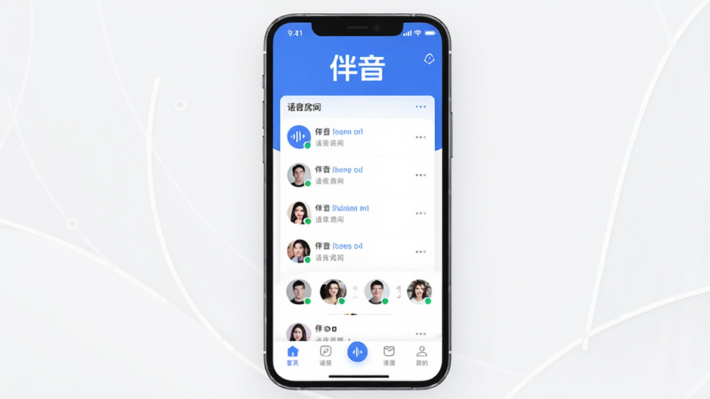 一款名为“伴音”的语音社交App主界面展示,画面中央是手机屏幕,屏幕内显示“伴音”App的首页,顶部有“伴音”文字Logo,中间是语音房间列表和用户头像,底部是导航栏,整体布局清晰,风格现代简约,蓝白配色,画质干净,无多余元素