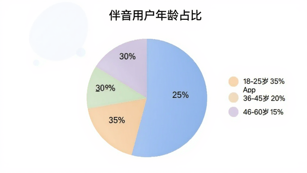 展示“伴音”App用户年龄分布的饼状图,图表标题为“伴音用户年龄占比”,图例显示18-25岁占35%,26-35岁占30%,36-45岁占20%,46-60岁占15%,配色柔和,风格简洁,画质干净
