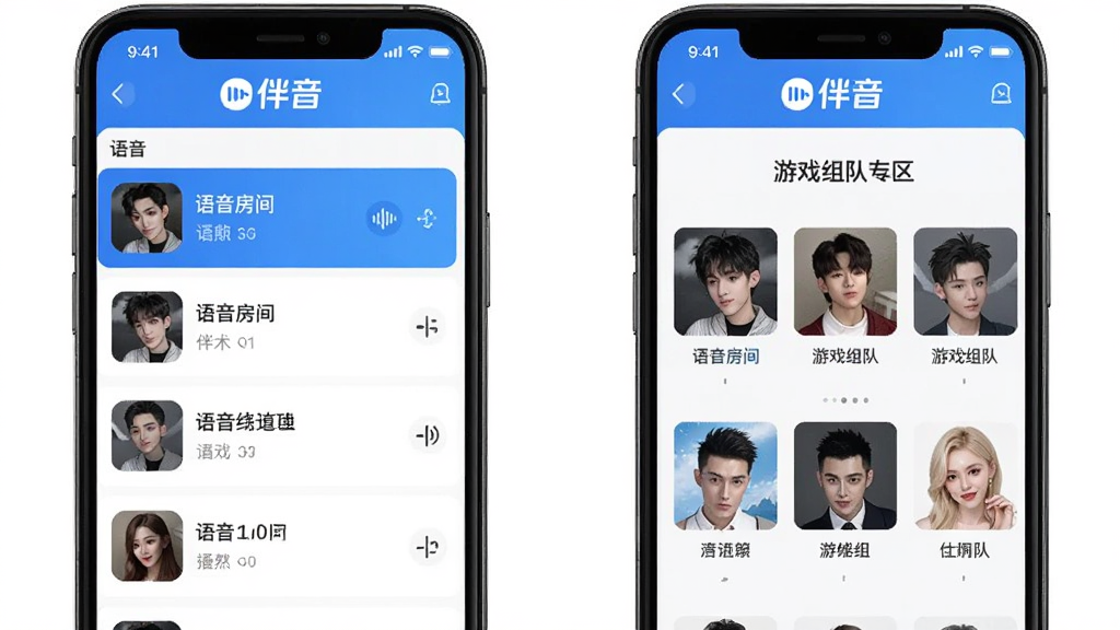 展示“伴音”App内语音房间和游戏组队界面的手机截图,画面左侧是语音房间列表,右侧是游戏组队专区,顶部有“伴音”Logo,界面风格清新,蓝白配色,布局清晰,画质干净无多余元素