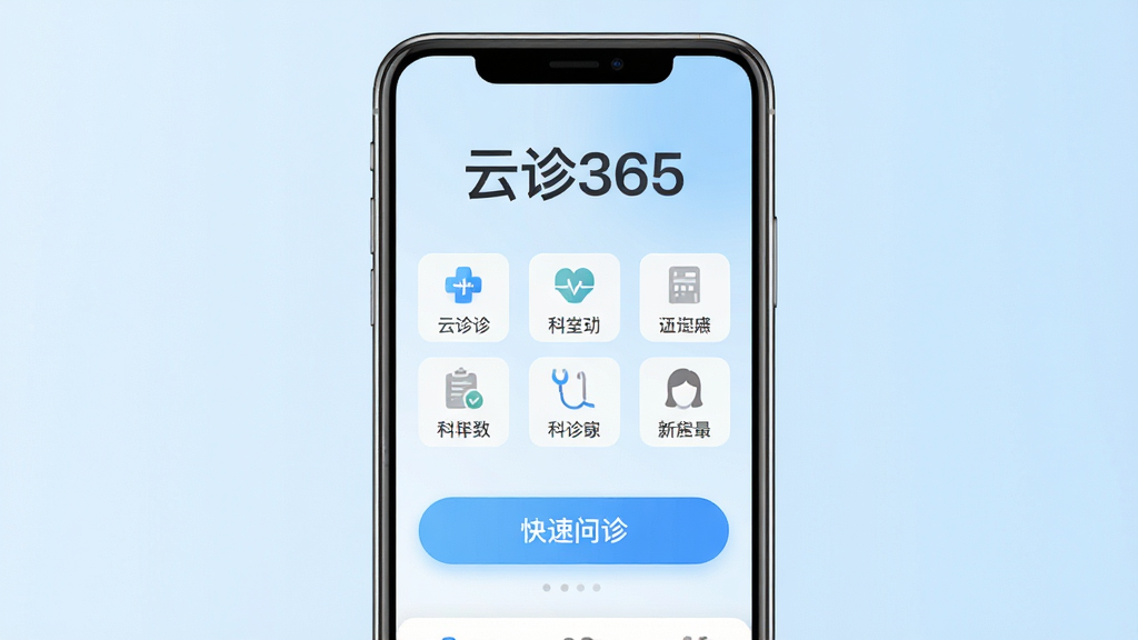 一张手机屏幕展示“云诊365”应用主界面的图片,界面顶部有“云诊365”四个大字,下方是简洁的科室选择图标排列,中间有醒目的“快速问诊”按钮,背景是柔和的浅蓝色渐变,整体风格现代干净,画质清晰无多余元素