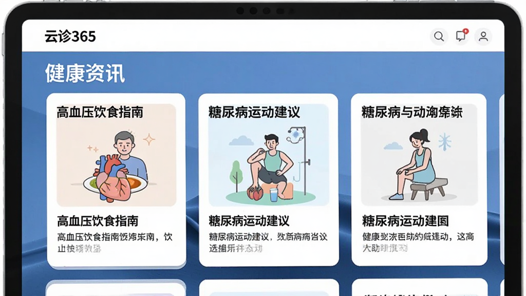 一张展示“云诊365”健康资讯页面的图片,屏幕上排列着多张健康科普文章卡片,卡片上有“高血压饮食指南”“糖尿病运动建议”等标题,每张卡片配有一张简洁的插图,整体排版像杂志一样清爽,风格现代,画质清晰