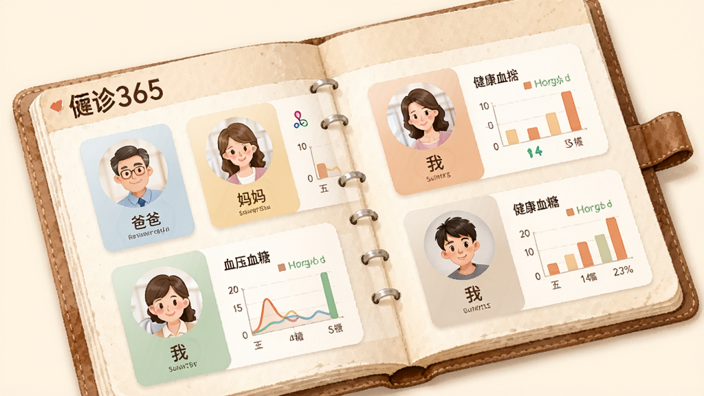 一张展示“云诊365”健康档案管理页面的图片,页面上有多个家庭成员的头像卡片,每个卡片下方标注着“爸爸”“妈妈”“我”等标签,旁边有血压、血糖等健康数据的小图表,整体布局像一本电子病历本,风格温馨,画质干净