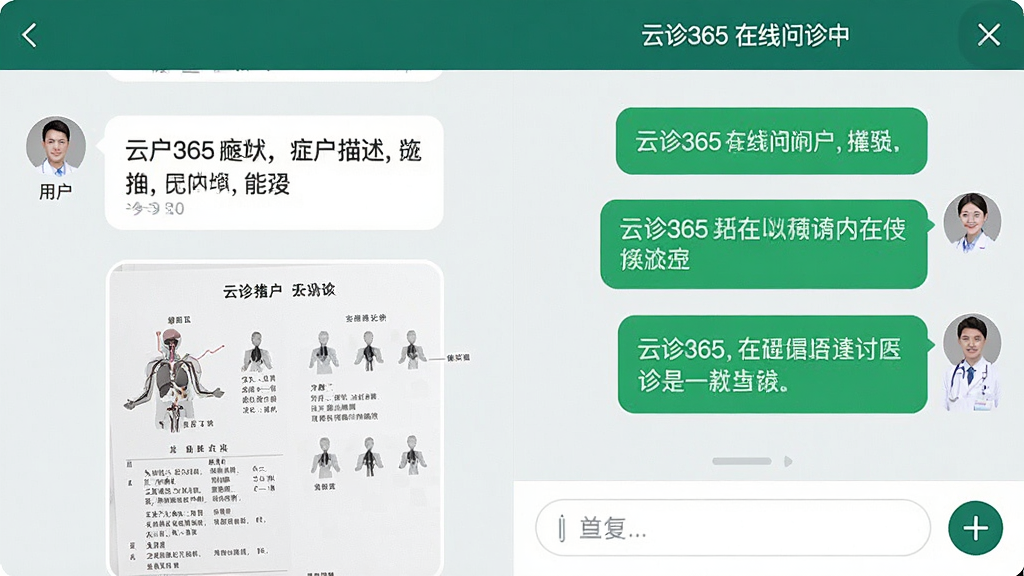 一张展示“云诊365”在线问诊聊天界面的图片,左侧是用户发送的症状描述和一张检查报告图片,右侧是医生回复的绿色气泡,顶部显示“云诊365 在线问诊中”,底部有输入框和加号图标,界面布局清晰,风格简洁专业