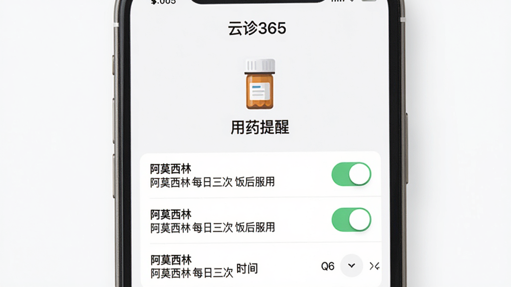 一张展示“云诊365”用药提醒设置界面的图片,屏幕上有一个药瓶图标和“用药提醒”字样,下方列表显示“阿莫西林 每日三次 饭后服用”等条目,旁边有开关按钮和时间选择器,背景是清爽的白色,风格极简