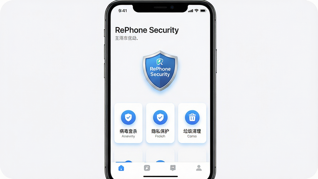 һ��չʾ RePhone Security �ֻ���ȫӦ�����������ϸ��ͼ��������һ�����������ֻ�����Ļ������ʾ RePhone Security �Ķ�����Logo����Ĺ��ܿ�Ƭ���֣�����������ɱ����˽����������������������ģ����ڣ����ֲ������½ṹ������Ϊ״̬�����ʺ���в�Ϊ���ܿ�Ƭ���ײ�Ϊ���������Ű������Գƣ����Ϊ�ִ���ƽ���Ƽ��У�ϸ���ϴ���΢�����ɫ������Բ��ͼ�꣬���ʸ���ɾ����޶���Ԫ�أ�����Ϊ���׻�ǳ�ң������Ӿ���ˬרҵ