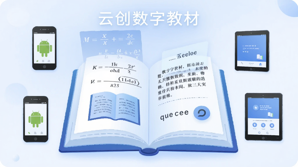 一张展示“云创数字教材”APP主界面的数字插画,画面中央是一本翻开的发光电子书,书页上浮现出数学公式、语文课文和英语单词等元素,周围环绕着安卓手机和平板电脑的图标,背景是柔和的蓝白渐变,风格现代扁平,细节清晰,画质干净,无多余元素