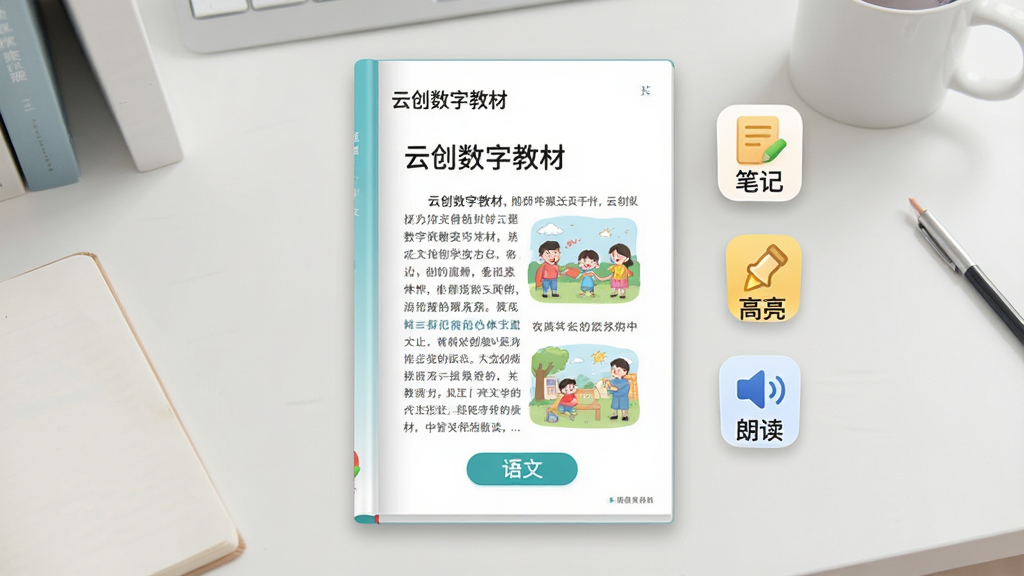 一张展示“云创数字教材”APP内页的示意图,画面中央是一本数字化的语文课本,页面上有清晰的文章段落、彩色插图和可点击的交互按钮,旁边悬浮着“笔记”、“高亮”、“朗读”等功能图标,背景是干净的书桌场景,风格写实,画质清晰,无多余元素