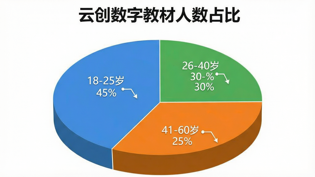 一张展示不同年龄段用户使用“云创数字教材”人数占比的饼状图,图表分为三个扇形区域,分别标注“18-25岁 45%”、“26-40岁 30%”、“41-60岁 25%”,配色采用蓝、绿、橙三种颜色,背景干净,风格简洁,画质清晰,无多余元素