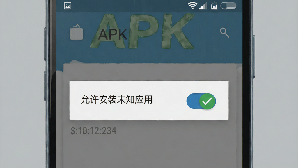 一张展示安卓手机安装APK文件时弹出权限提示的界面截图风格插画,画面中手机屏幕显示“允许安装未知应用”的开关按钮,旁边有一个绿色的对勾标记,背景是简洁的灰色,风格写实,画质清晰,无多余元素