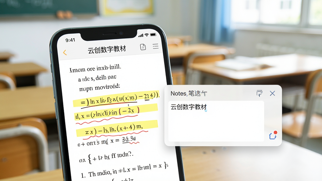 一张展示“云创数字教材”笔记功能的场景图,画面中一部手机屏幕显示着带有黄色高亮和红色波浪线的数学教材页面,旁边有一个浮动的笔记输入框,背景是模糊的教室课桌,风格清新,画质明亮,无多余元素