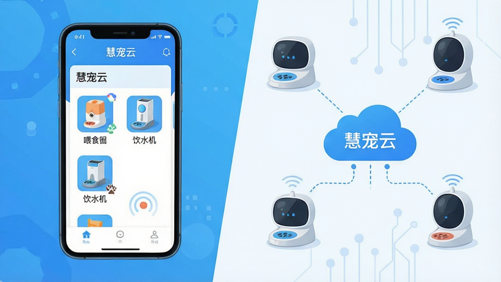 һ��չʾ�����豸���ӹ��̵Ĳ�ͼ�����������һ���ֻ�����Ļ����ʾ���۳��ơ�App�������������������豸���б��г���ιʳ������ˮ����ͼ�ꡣ�����Ҳ�����Щ�豸���������ӵ�һ�������ƶ�ͼ���ϣ��ƶ���д�š��۳��ơ������ֲ������ҶԱȣ����Ϊ�Ƽ��б�ƽ�廭��ϸ�����������ʸɾ����޶���Ԫ�ء�