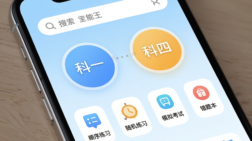 考试全能王软件主界面截图,手机屏幕竖屏展示,顶部搜索栏,中间是科目一和科目四的圆形大按钮,下方排列着顺序练习、随机练习、模拟考试、错题本等功能入口,背景是干净的浅蓝色渐变,图标圆润现代,整体风格清新简洁,画质清晰干净,无多余元素