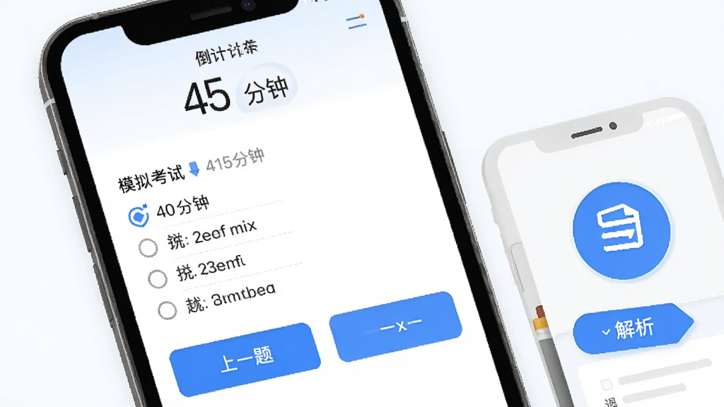 考试全能王功能展示图,手机屏幕上显示模拟考试界面,顶部倒计时45分钟,中间是单选题和选项,底部有上一题下一题按钮,界面右侧露出错题本图标和解析标签,背景是白色为主配合蓝色点缀,风格干净扁平,画质清晰无杂乱元素