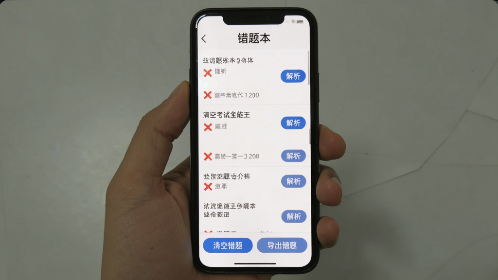 手机屏幕显示考试全能王错题本界面,顶部标题错题本,下方列表展示做错的题目和红色叉号标记,每道题右侧有解析按钮,底部有清空错题和导出错题两个按钮,背景白色,文字清晰,风格简洁实用,画质干净无多余装饰