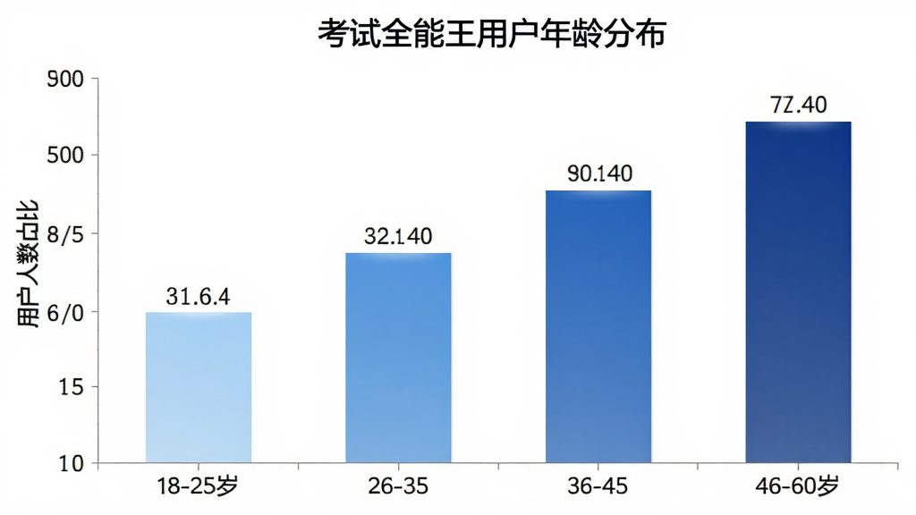 考试全能王用户年龄分布柱状图,横轴为年龄段18-25岁、26-35岁、36-45岁、46-60岁,纵轴为用户人数占比,柱状图颜色从浅蓝到深蓝渐变,图表标题为考试全能王用户年龄分布,背景白色,数据标签清晰可见,风格简洁现代,画质干净