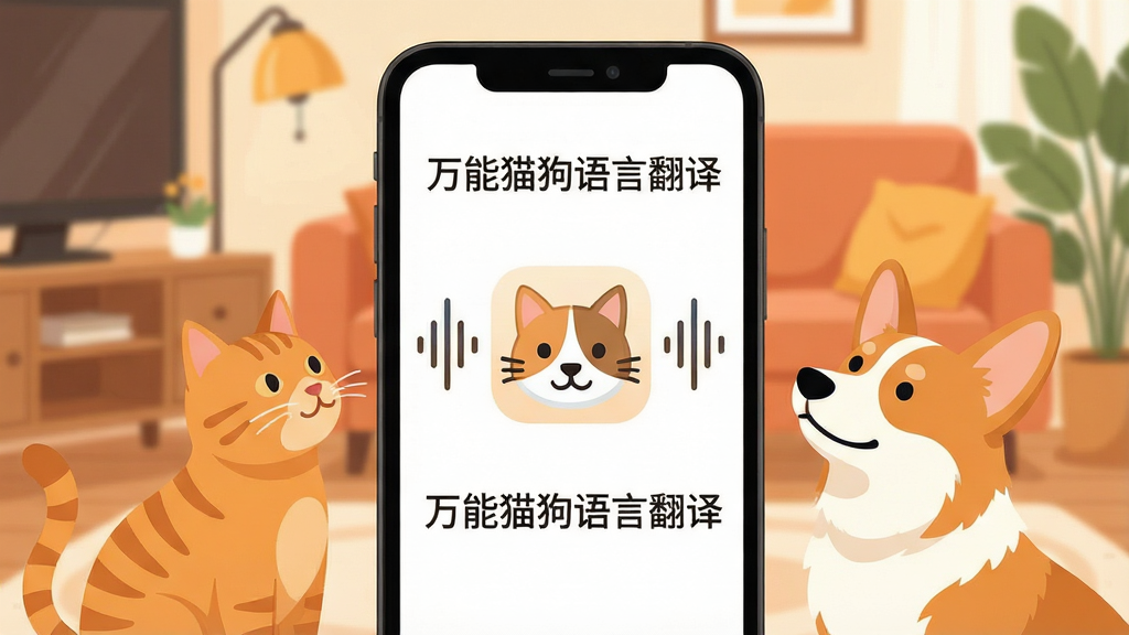 一张手机屏幕展示着万能猫狗语言翻译app的主界面,界面中央是一个醒目的猫狗头像图标,周围环绕着声波可视化图形,背景是温馨的居家客厅场景,一只橘猫和一只柯基正抬头看着手机屏幕,画面风格温暖明亮,扁平化UI设计,文字清晰显示“万能猫狗语言翻译”字样,画质干净,无多余元素