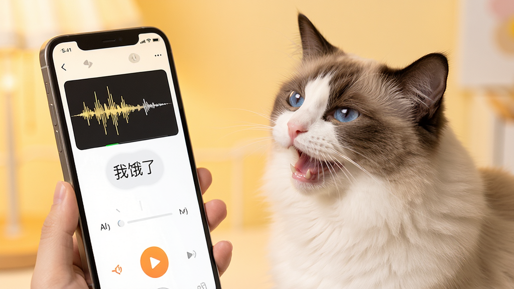 万能猫狗语言翻译app正在进行实时录音翻译的界面截图,画面中一只布偶猫正在对着手机喵喵叫,手机屏幕上显示声波跳动和翻译结果文字“我饿了”,整体色调柔和,以暖黄色和白色为主,界面简洁,文字清晰,画质干净,无多余元素