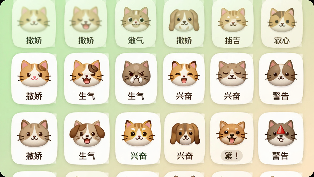 万能猫狗语言翻译app的音效库选择界面,屏幕上排列着多个猫狗头像卡片,每张卡片标注着“撒娇”“生气”“兴奋”“警告”等情绪标签,背景是浅绿色和米色渐变,界面布局整齐,图标圆润可爱,文字清晰可读,画质干净,无多余元素
