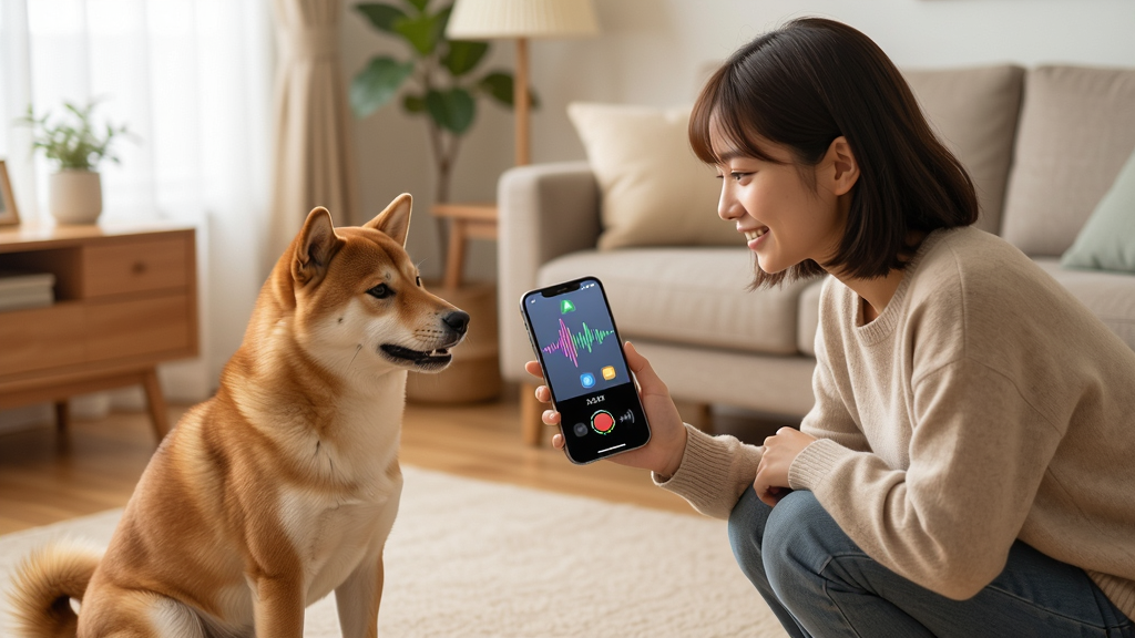 万能猫狗语言翻译app的使用场景示意图,一位年轻女生蹲在地板上拿着手机对着面前的柴犬录音,手机屏幕上显示着声波和翻译中的动画效果,背景是温馨的客厅环境,光线柔和自然,画面风格写实温暖,画质清晰,无多余元素