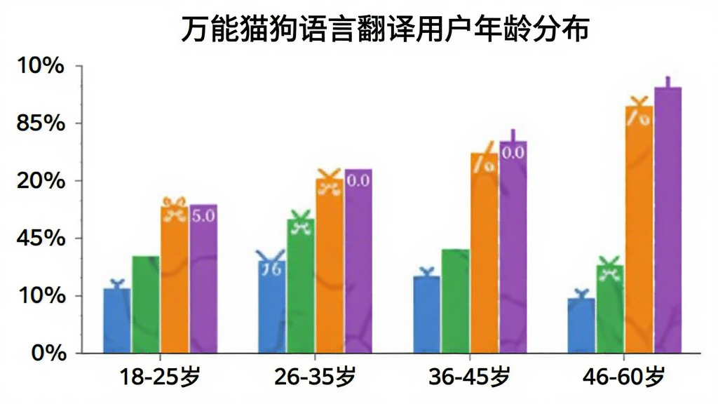 万能猫狗语言翻译用户年龄分布柱状图,横轴标注“18-25岁”“26-35岁”“36-45岁”“46-60岁”,纵轴标注用户占比百分比,柱状图颜色分别为蓝色、绿色、橙色、紫色,图表标题为“万能猫狗语言翻译用户年龄分布”,数据清晰,背景白色,画质干净,无多余元素