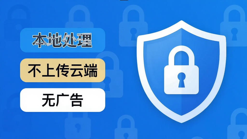 万能猫狗语言翻译app的隐私安全说明界面截图,屏幕上显示“本地处理”“不上传云端”“无广告”等标签,背景是盾牌图标和锁形图案,整体色调以蓝色和白色为主,风格简洁安全,文字清晰,画质干净,无多余元素