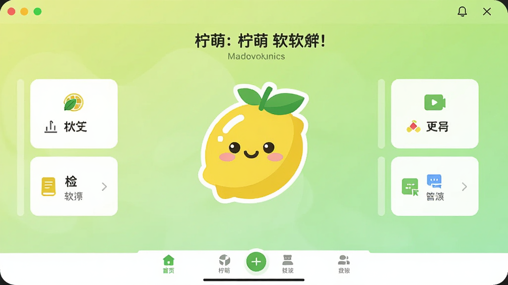 一只柠萌 软件主界面展示,画面中央是一个可爱的柠檬卡通形象logo,背景是清爽的浅绿色渐变,界面布局简洁,顶部显示欢迎语,中间是功能卡片,底部导航栏清晰,风格清新扁平化,画质干净明亮,无多余元素