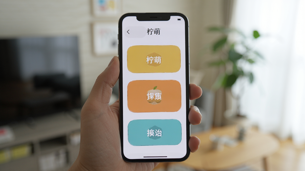 一只柠萌 功能操作演示图,画面展示一只手拿着手机,手机屏幕上显示着几个大号的功能按钮,按钮上有简单的文字标签,背景是模糊的室内环境,风格生活化,画质清晰,无多余元素