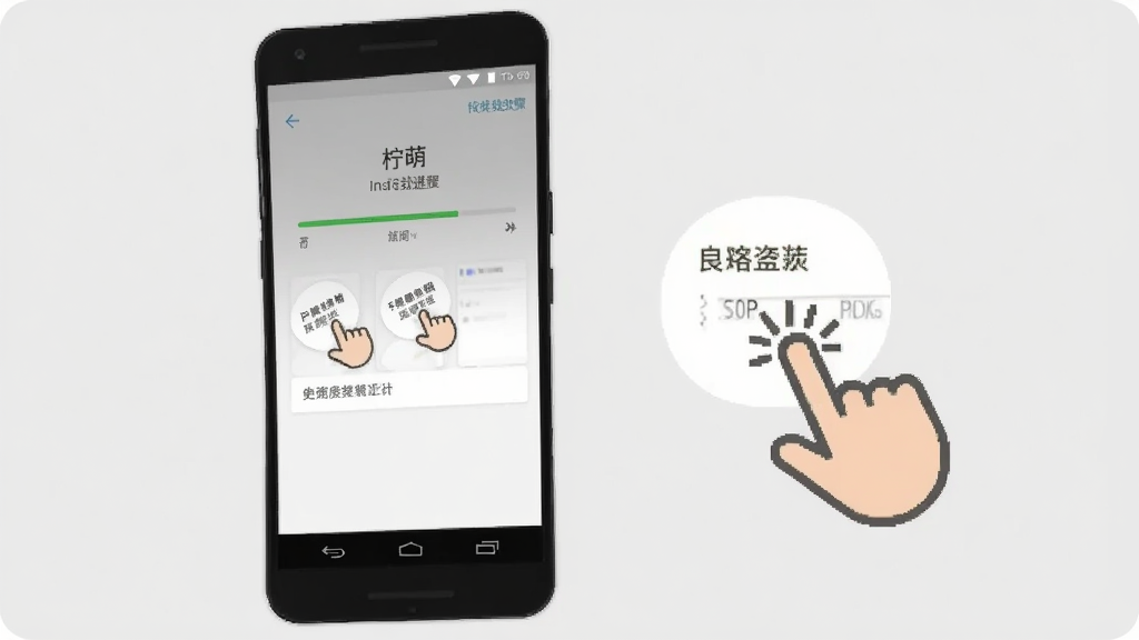 一只柠萌 手机安装步骤示意图,画面展示一部安卓手机,屏幕上显示着安装进度条和权限设置界面,旁边有手指点击的图标,背景是浅灰色,风格简洁直观,画质清晰,无多余元素