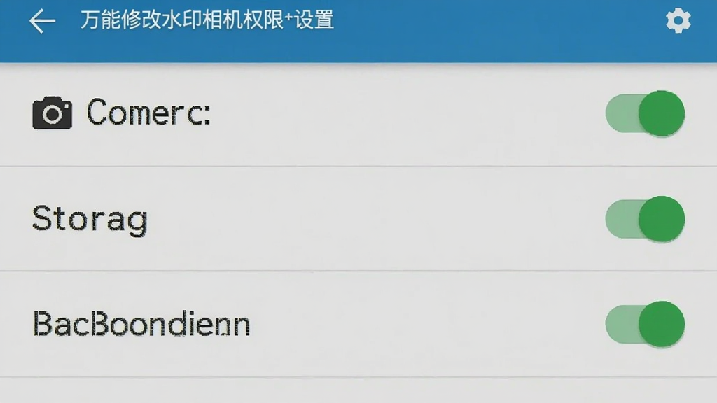 万能修改水印相机权限设置界面截图,显示相机、存储、后台运行三个权限开关均为开启状态,界面为安卓系统设置页面风格,干净整洁,画质清晰