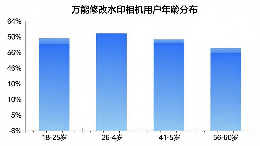 万能修改水印相机用户年龄分布柱状图,横轴为年龄段18-25岁、26-40岁、41-55岁、56-60岁,纵轴为用户占比百分比,柱状图颜色为蓝色渐变,背景白色,图表标题为“万能修改水印相机用户年龄分布”,画质干净清晰
