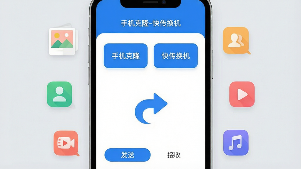 手机克隆-快传换机 应用主界面展示图,画面中央是一部智能手机,屏幕显示“手机克隆-快传换机”的App界面,界面设计简洁,以蓝色和白色为主色调,顶部有“手机克隆”和“快传换机”两个大按钮,中间是一个动态的传输箭头图标,底部是“发送”和“接收”两个选项卡。背景是柔和的浅灰色,手机周围环绕着代表照片、联系人、视频、音乐的彩色小图标,风格现代扁平,细节圆润,画质干净清晰,无多余元素。
