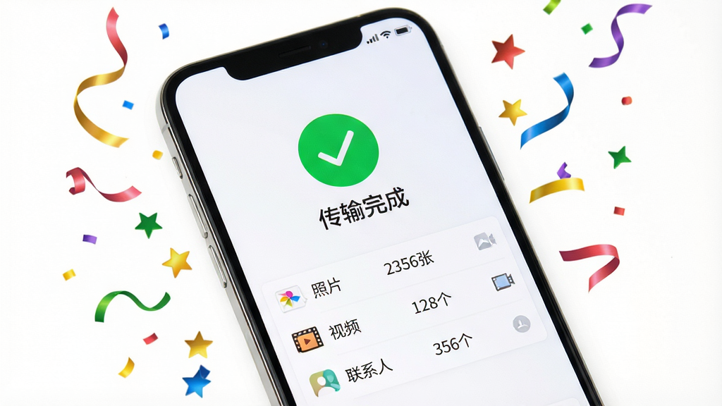 手机克隆-快传换机 传输完成界面展示图,一部智能手机屏幕显示绿色打勾的“传输完成”提示,下方列出“照片 2356张”、“视频 128个”、“联系人 356个”等已传输数据统计。手机周围有彩带和星星的庆祝元素,背景是干净的白色,风格轻松愉快,画质清晰明亮,无多余元素。