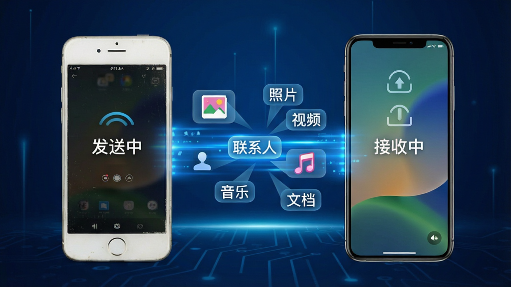 手机克隆-快传换机 功能展示图,画面分为左右两部分,左边是一部旧手机,右边是一部新手机,中间有一条发光的蓝色数据流连接。数据流中漂浮着“照片”、“视频”、“联系人”、“音乐”、“文档”等文字标签。旧手机屏幕上显示“发送中”,新手机屏幕上显示“接收中”。背景是深蓝色科技感渐变,风格简洁现代,画质清晰,无多余元素。