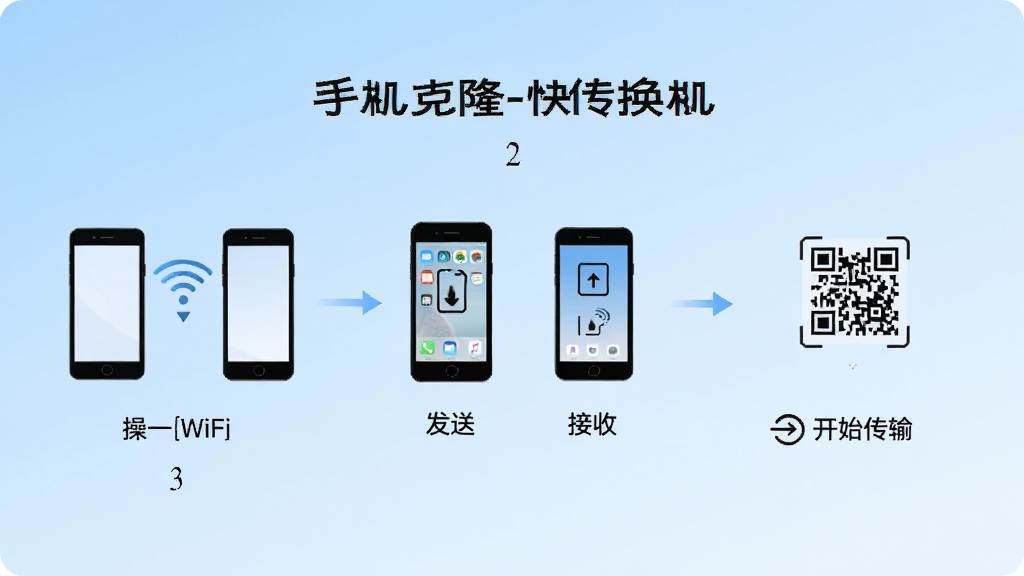 手机克隆-快传换机 操作步骤示意图,画面以流程图形式展示三个步骤:第一步两部手机连接同一个WiFi图标,第二步旧手机点击“发送”新手机点击“接收”并扫描二维码,第三步勾选数据点击“开始传输”。每一步都有简洁的图标和文字说明,背景是浅蓝色渐变,风格清晰直观,画质干净,无多余元素。