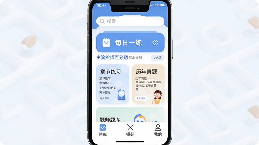 主管护师百分题库 手机应用主界面展示 主体是一个竖屏手机屏幕 屏幕内显示主管护师百分题库APP首页 布局顶部是搜索栏和每日一练入口 中间是章节练习和历年真题卡片 底部是题库、错题、我的三个选项卡 排版简洁清晰 风格现代扁平化 细节圆润图标 画质高清 干净 无多余元素